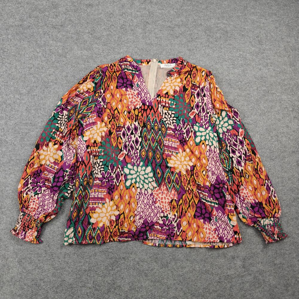 AVARA Blouse Womens Small Multicolor Tunic Balloon Sleeve Zipper Ruffle Lined